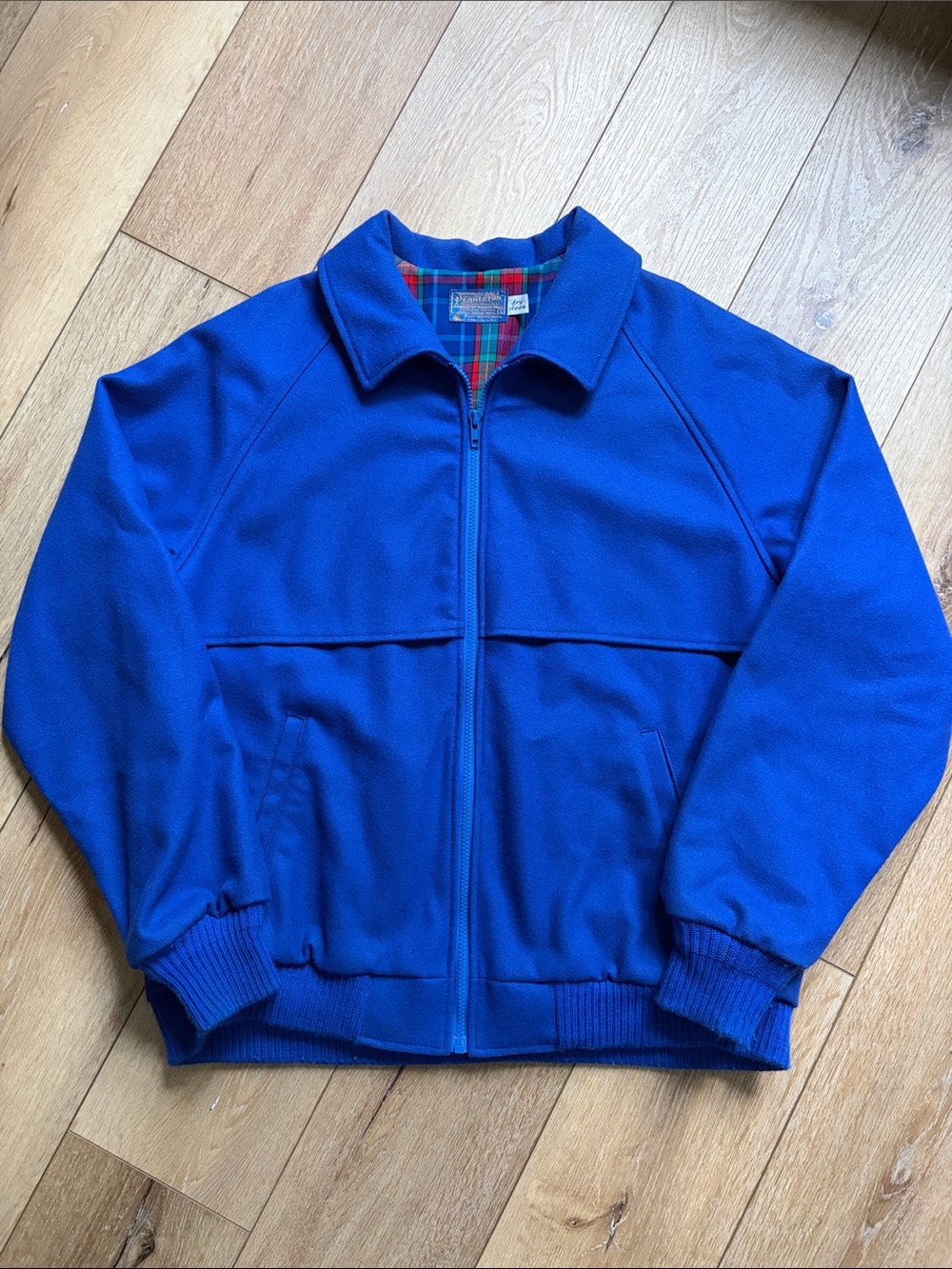 Vintage Pendleton Jacket Mens Large Blue Wool Bomber Plaid Lined Made USA